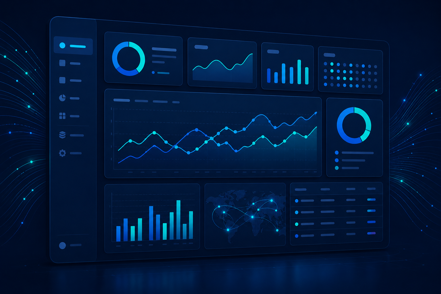 Abstract analytics dashboard with charts and data panels
